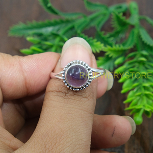 แหวนเงินแท้ 925 ประดับพลอยอเมทิสต์ธรรมชาติทรงกลมแบบคาโบชอง สีม่วง สำหรับผู้หญิง ของขวัญคริสต์มาส - Product Image 3