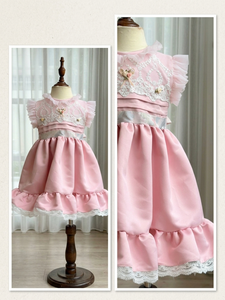 Robe de princesse rose pour bébé fille, dentelle, volants, fleurs, patchwork, broderie, pour fête, anniversaire, robe Koko San - Product Image 4