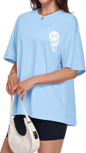 T-shirt ample à manches courtes bleu clair pour femme avec imprimé Smiley, col rond, coupe décontractée, haut d'été 100 % coton pour femme - Product Image 5