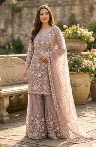 Designer <b>Net</b> Sharara Suit Set with <b>Dupatta</b> Heavy Embroidery Ethnic Wedding Party Wear Outfit with Satin Inner Elegant Style - Product Image 3