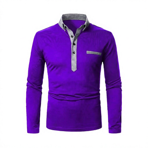 Polo à manches longues en tricot pour homme, couleur unie, design décontracté à boutons, bleu foncé - Product Image 6
