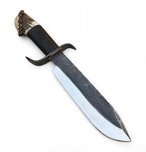 Cuchillo Utilitario de Acero Forjado a Mano para Exteriores, Mango de Asta de Ciervo, Empuñadura de Cuero, Hoja Fija - Product Image 1