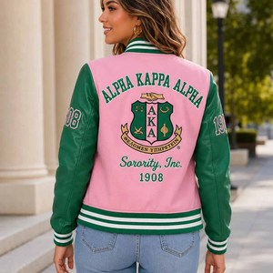 Premium AKA Wool Eco-Friendly Breathable Varsity <b>Jacket</b> <b>Pink</b> Green Sorority Embroidered Crest Logo Front <b>Waterproof</b> Women's - Product Image 2