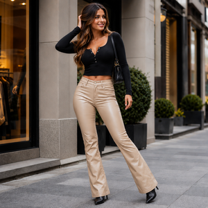 Pantalon en cuir évasé pour femme, style célébrité, respirant, hiver, sur mesure, sexy, longueur intégrale - Product Image 3