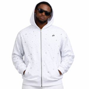 White Mixed Rhinestone Crystal Cotton Fleece Full Zip Hoodies for Men Premium Streetwear Luxury Apparel Customization - Product Image 1