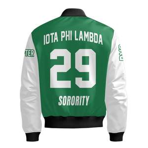 Iota Phi Lambda Women Custom Chapter Varsity Jacket Emerald Green White Greek Letter Crest Front Back Year Zip Bomber Jacket - Product Image 6