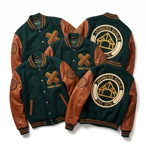 Veste universitaire en laine avec manches en cuir, broderie motif viaduc en pierre et écusson Keystone, pour la vente en gros - Product Image 4
