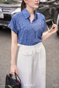 Camisa Informal de Oficina para Mujer, Estampado Floral Simple, Transpirable, Manga Corta, Cuello Enrollado, Botones al Frente, Cómoda, JEREMY - Product Image 4