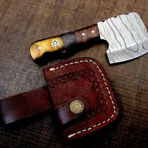 Couteau à découper miniature en acier Damas fait main, manche en bois multicolore, outil utilitaire EDC avec étui en cuir - Product Image 1