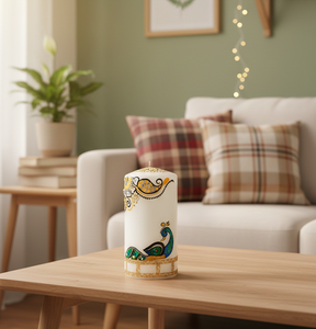 Handcrafted Soy Wax Peacock Motif Eco-Friendly Organic Scented Pillar Candle for Easter and Christmas Home Decor - Product Image 1