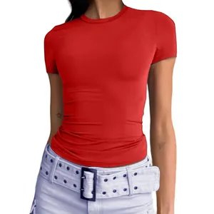 T-shirt femme slim fit en coton premium, doux, respirant, manches courtes, logo personnalisé, uni, basique, mode été. - Product Image 3