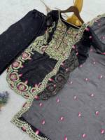 Ensemble Kurti Gharara en organza noir ajouré de créateur, style boutique pakistanais, collection Eid