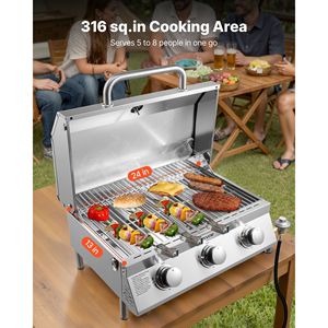 3-Burner Stainless Steel Tabletop Gas Grill Portable Propane <b>BBQ</b> with Built-In Thermometer Weatherproof Lid Travel Locks - Product Image 3