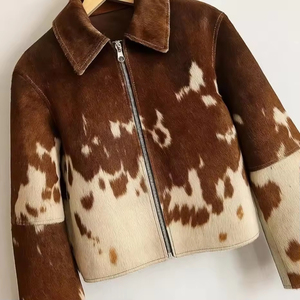 Veste en fausse fourrure pour femme, motif cuir de vache, col rabattable, fermeture éclair, longueur courte, vêtement d'extérieur décontracté chaud pour l'hiver - Product Image 4