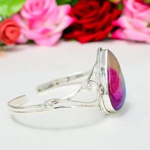 Bracelet manchette en argent sterling 925 fait main avec pierre précieuse quartz arc-en-ciel, cadeau pour elle - Product Image 2
