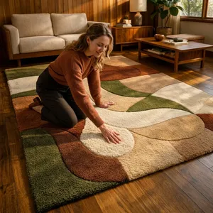 Tapis rectangulaire moderne abstrait en laine et acrylique, tufté, moelleux, antidérapant, style mid-century pour salon - Product Image 1