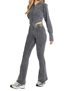 Ensemble de survêtement 2 pièces pour femme, coupe évasée, haute extensibilité, à manches longues, avec fermeture éclair, effet délavé, pour le sport et le fitness - Product Image 1