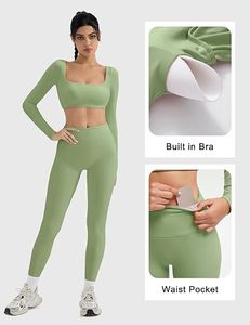 Seamless Yoga Set <b>Women</b> High Waist <b>Leggings</b> Crop Top Full Sleeve Sport Wear Two Piece Gym Outfit Stretchable Activewear - Product Image 2