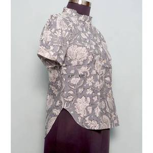 Túnica Moderna con Estampado Floral, 100% Algodón Lavable, Estilo Casual Femenino, Cuello Mandarín con Volantes, Manga Media, Mini - Product Image 4