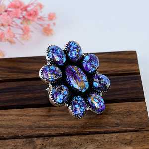 Anillo de Plata de Ley con Turquesa Azul Púrpura y Cobre, Joyería de Lujo Estilo Suroeste, Chapado en Rodio, Regalo para Ella - Product Image 3