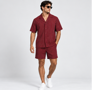 Ensemble chemise et short à rayures pour homme – Coupe ample de qualité supérieure, col cubain, tenue d'été en deux pièces - Product Image 2