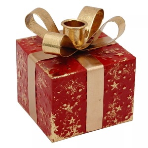 Boîte-cadeau rouge avec porte-bougie et accents dorés, décoration de Noël pour la maison, en laiton, design durable - Product Image 1