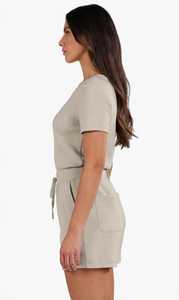 Oneten Apparels <b>Women</b> <b>2</b> <b>Piece</b> Shorts Set Beige Casual Crew Neck Top With Drawstring Pockets Summer <b>Outfit</b> - Product Image 3