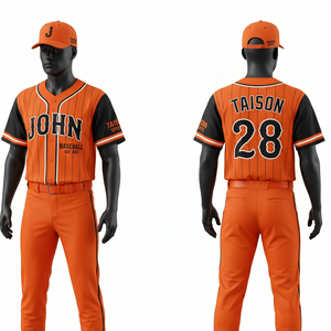 Maillot de baseball en maille polyester premium 180 GSM, orange et noir à rayures fines, personnalisable avec sublimation et twill. - Product Image 1