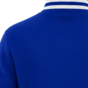 Veste universitaire bleu roi avec broderie dorée de lettres grecques, bordure côtelée rayée blanche, boutons-pression, tenue d'équipe universitaire - Product Image 4