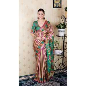 Sari en soie Tussar rose pâle à rayures Zari tissé et imprimé ELITE WEAVES, élégant et réversible, pour femme, idéal pour les soirées et les fêtes. - Product Image 1