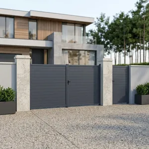 Puerta Principal Metálica Moderna con Listones Horizontales Grises y Puerta Peatonal, Puerta de Entrada de Seguridad Minimalista para Entrada de Vehículos de Casa o Villa - Product Image 5