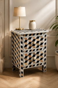 Mesita de Noche Artesanal con Incrustaciones de Hueso, 2 Cajones, Mesa Auxiliar Geométrica con Detalles de Perlas para Dormitorio - Product Image 3