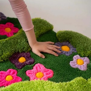 Tapis en laine doux et moelleux pour enfants, motif floral, design jardin, tapis tufté de forme irrégulière, tapis de jeu pour chambre d'enfant, chambre à coucher, salle de jeux, décoration - Product Image 2