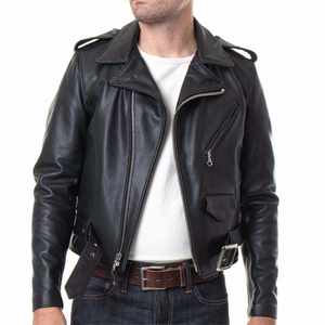 Veste de motard en cuir véritable pour homme de qualité supérieure, coupe classique slim, noire, avec ceinture et fermetures éclair, veste d'extérieur - Product Image 2