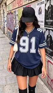Camiseta de Fútbol Azul Marino para Mujer, Cuello en V, Número 91, Manga Corta, Corte Holgado, Transpirable, de Poliéster, con Bolsillos - Product Image 3
