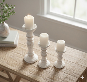 Juego de 3 Portavelas de Madera Blanca Envejecida Estilo Shabby Chic, Candelabros de Pilar con Acabado Desgastado, Decoración para Mesa de Boda o Hogar - Product Image 2