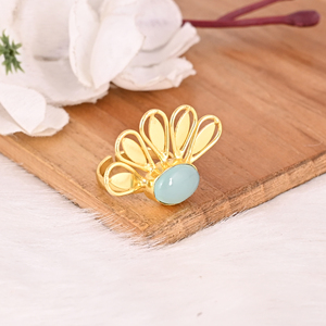 Bague tendance en laiton plaqué or avec calcédoine aqua pour femme, bijou de mode pour mariage et fiançailles - Product Image 2