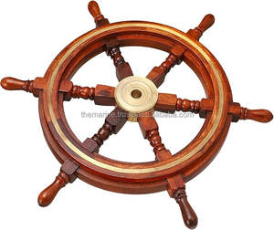 Décoration murale en laiton massif et bois de 18 pouces fabriquée à la main Roue de bateau à finition polie brillante avec design de sculpture Style nautique - Product Image 2