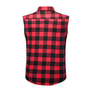 Mens Classic Black and Red Button-Down Flannel Cut <b>Off</b> Frayed Sleeveless Casual Shirt Muscle Performance Sleeveless Shirts - Product Image 2