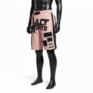 Pantalones cortos cortavientos de poliéster taslan premium de 130 GSM, color rosa con paneles laterales negros, parche de goma con bordado de logotipo personalizado para hombre. - Product Image 2