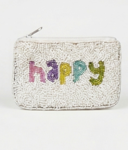 Handmade Beaded <b>Pouch</b> With Happy Lettering White Base Multicolor Beads Zipper Closure Crafted Accessory - Product Image 2