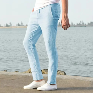 Pantalon homme en coton et lin, nouvelle collection automne, respirant, couleur unie, style streetwear fitness, taille mi-haute, devant plat et fermeture à cordon. - Product Image 4