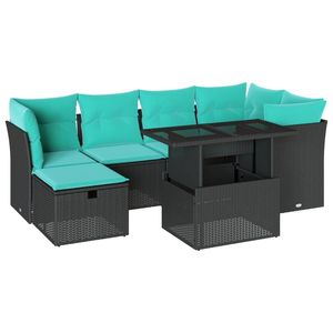 Set Divano da Giardino in Polyrattan Nero con Cuscini, 7 Pezzi, Arredamento da Esterno Stile Contemporaneo per Giardino, Capacità 6 Posti - Product Image 2