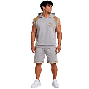 Ensemble de survêtement sans manches à capuche gris clair camel pour homme, avec logo personnalisé, pour la gym, le fitness, l'entraînement sportif, comprenant un sweat à capuche et un short, vêtements de sport - Product Image 1