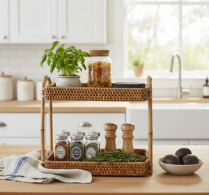 Handwoven Two Tier Rattan <b>Storage</b> Rack with Handle, Natural Wicker <b>Countertop</b> Organizer for Kitchen, <b>Bathroom</b>, Home Decor - Product Image 3