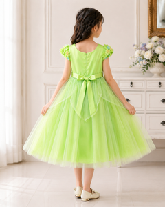 Robe de soirée pour filles, vert floral, appliqué, épaules dénudées, tulle superposé, longueur genou, manches pétales, pour occasions printanières - Product Image 5