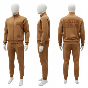 Custom Design Men's Brown <b>Tracksuit</b> Full Zip Stand Collar Sweatshirt Jogger Pants Embossed Logo Casual Autumn Wear - Product Image 5