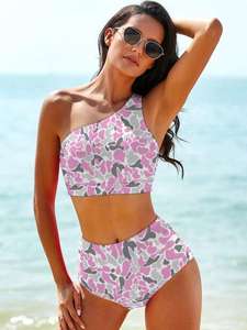 Ensemble bikini taille haute asymétrique pour femme, avec logo personnalisé, imprimé camouflage, maillot de bain deux pièces athlétique, tenue de plage - Product Image 2