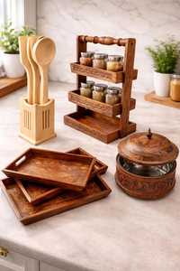 Hand Carved Wooden Kitchen Set – <b>Spice</b> Rack, Serving <b>Trays</b>, Utensils Holder - Product Image 4