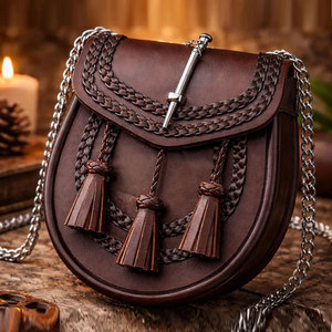 Handmade Brown Genuine Leather Scottish Kilt Braided Sporran With 3 Tassels Semi Dress Sporran with <b>Chain</b> <b>Belt</b> Strap - Product Image 1